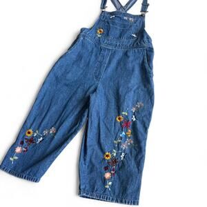 Vintage Floral Embroidered Denim Overalls – Cottagecore Capri L